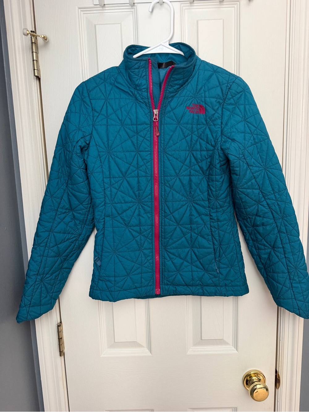 The North Face Tamburello Jacket Teal Pink Geometric Quilted Insulated Womens XS